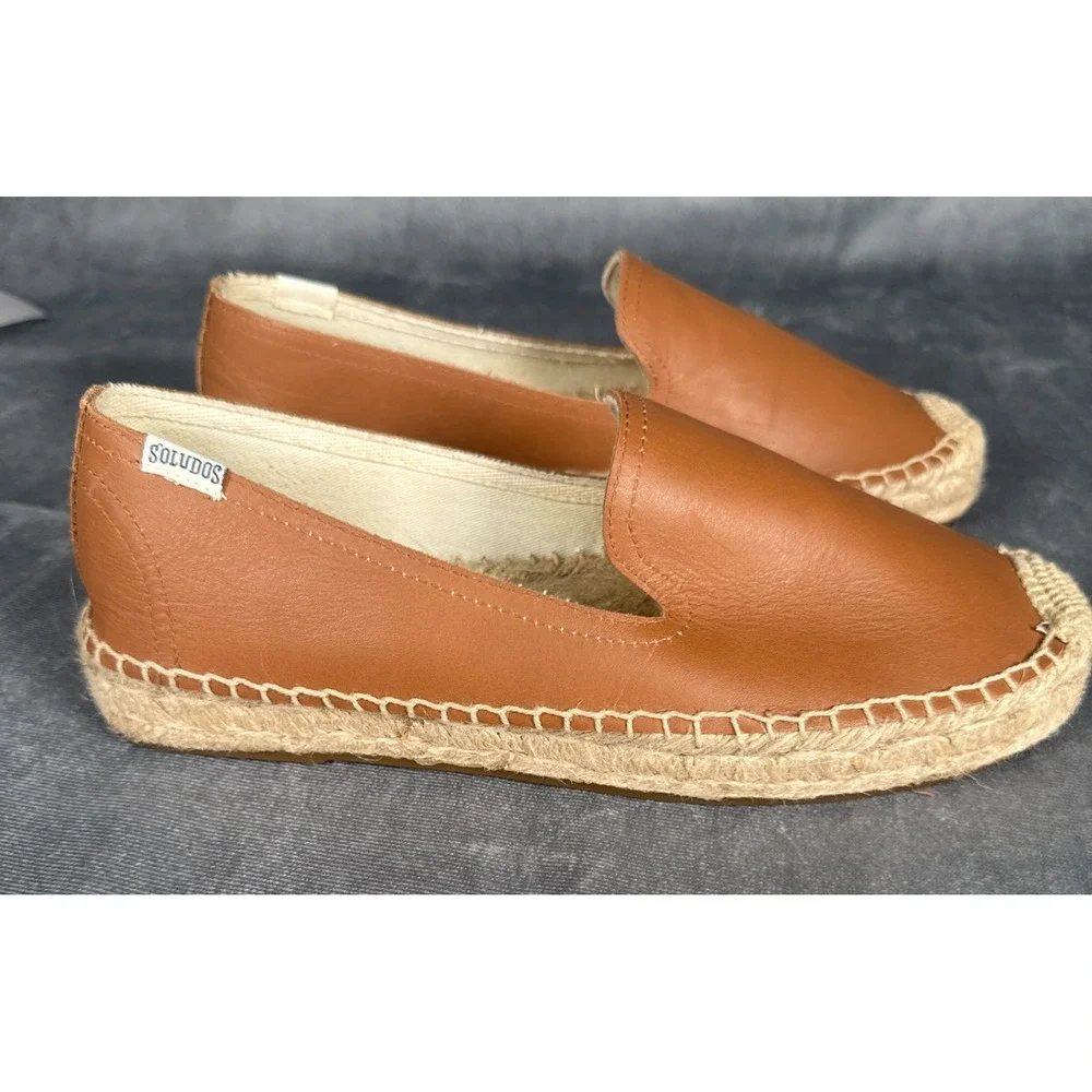 Soludos Women's 7.5 Espadrilles Camel Brown Leather Platform Slip On Sandal